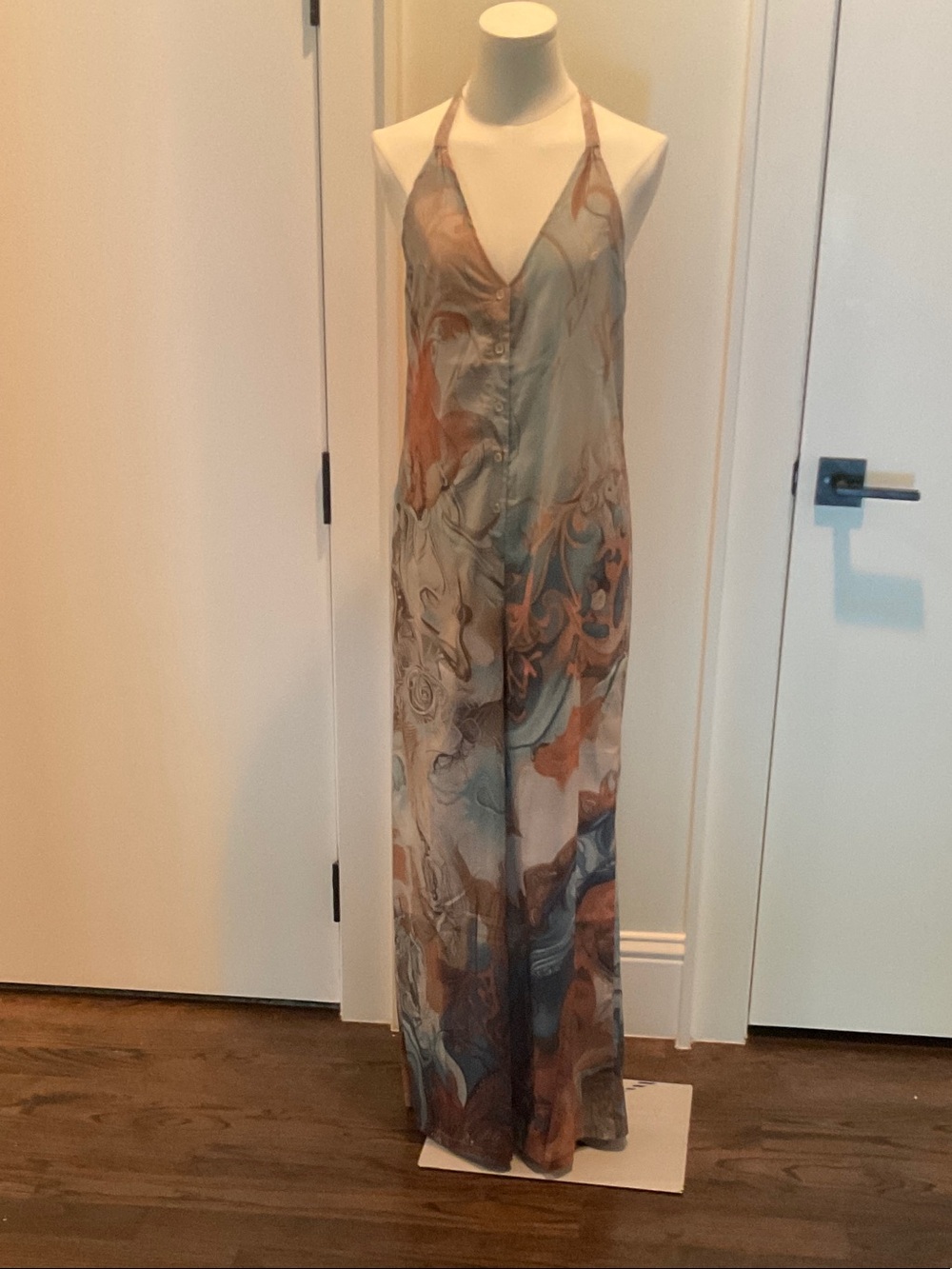 Wide Leg Halter Jumpsuit in Multicolor Marble Print